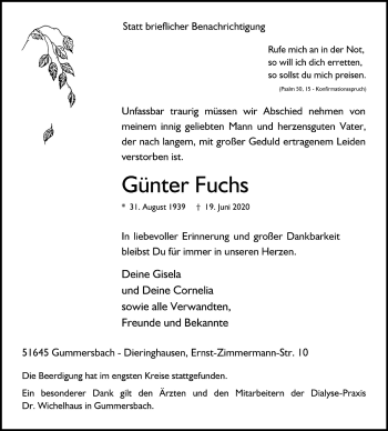 Anzeige von Günter Fuchs von  Anzeigen Echo 