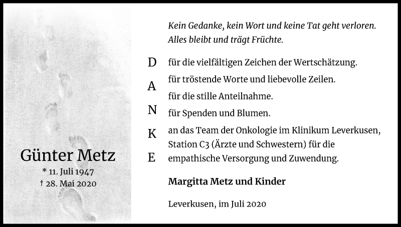  Traueranzeige für Günter Metz vom 18.07.2020 aus Kölner Stadt-Anzeiger / Kölnische Rundschau / Express
