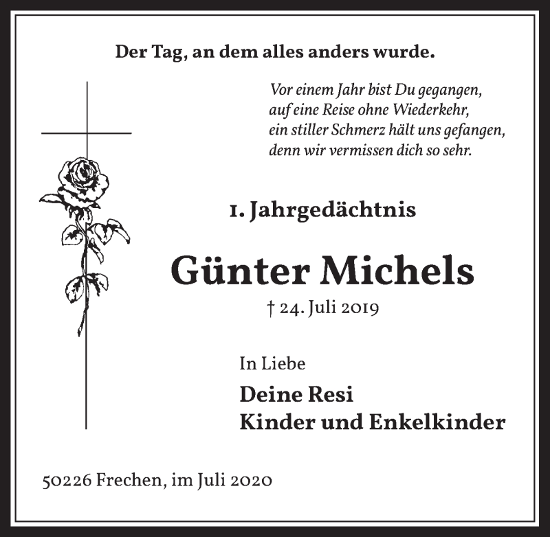  Traueranzeige für Günter Michels vom 24.07.2020 aus  Wochenende 