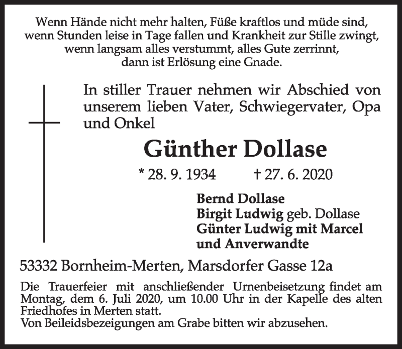  Traueranzeige für Günther Dollase vom 03.07.2020 aus  Schlossbote/Werbekurier 