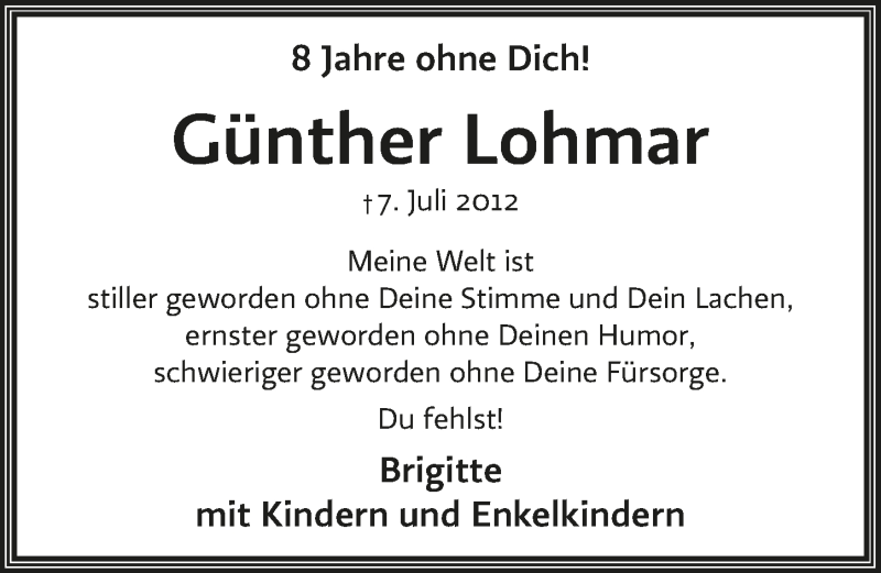  Traueranzeige für Günther Lohnrar vom 10.07.2020 aus  Lokalanzeiger 
