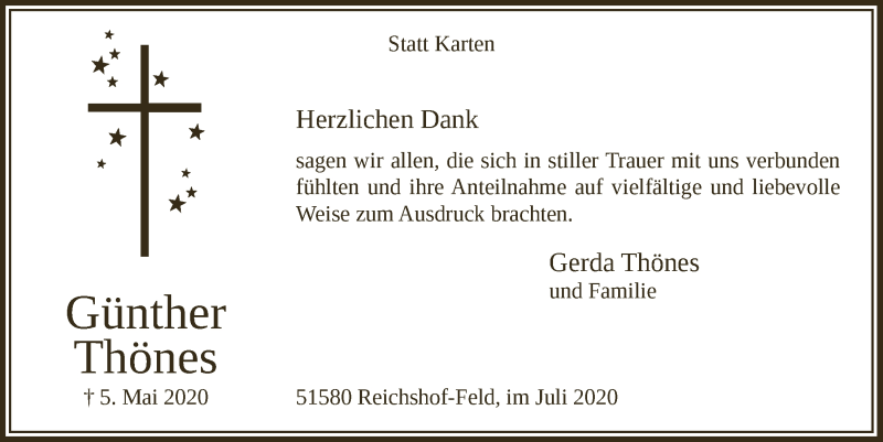  Traueranzeige für Günther Thönes vom 03.07.2020 aus  Anzeigen Echo  Lokalanzeiger 