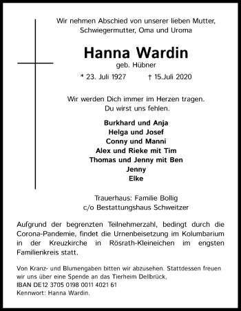 Anzeige von Hanna Wardin von Kölner Stadt-Anzeiger / Kölnische Rundschau / Express