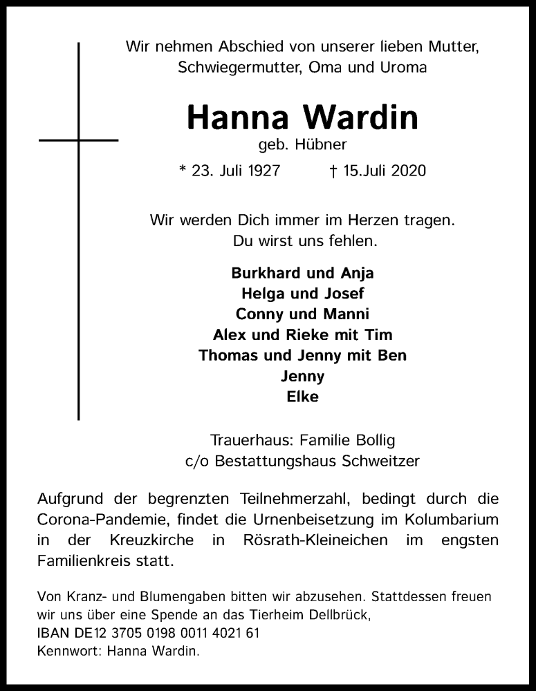  Traueranzeige für Hanna Wardin vom 18.07.2020 aus Kölner Stadt-Anzeiger / Kölnische Rundschau / Express