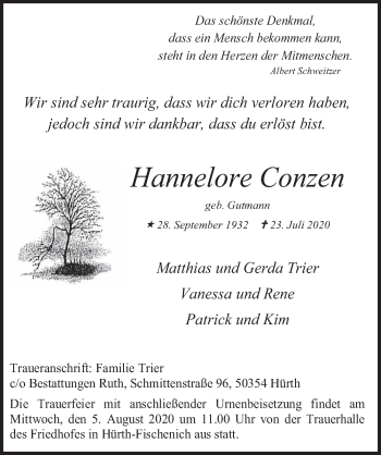 Anzeige von Hannelore Conzen von  Wochenende 