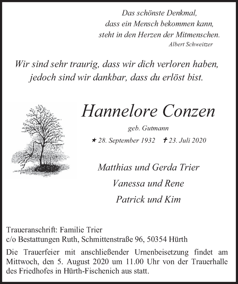  Traueranzeige für Hannelore Conzen vom 31.07.2020 aus  Wochenende 