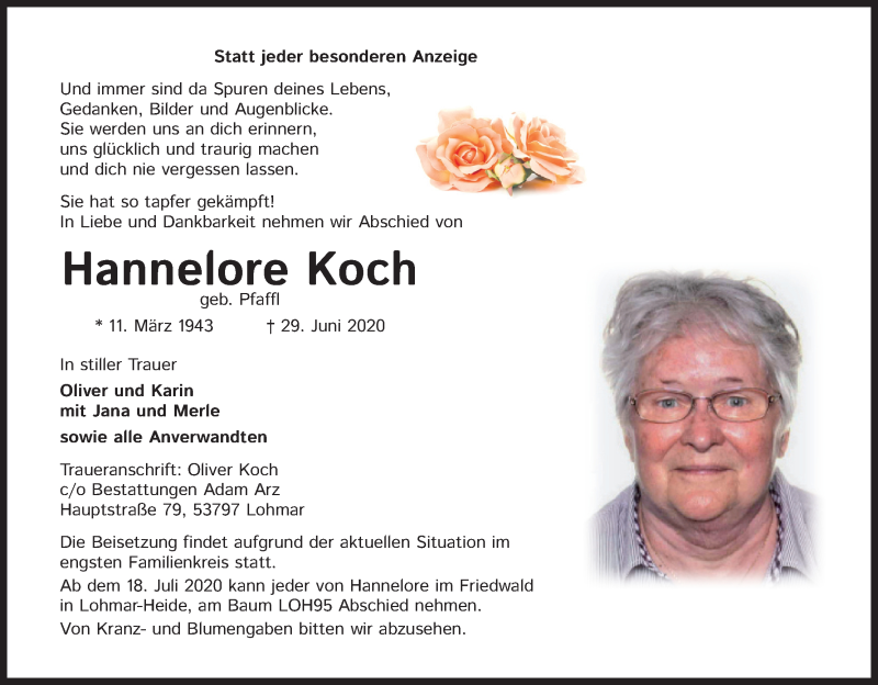  Traueranzeige für Hannelore Koch vom 11.07.2020 aus Kölner Stadt-Anzeiger / Kölnische Rundschau / Express