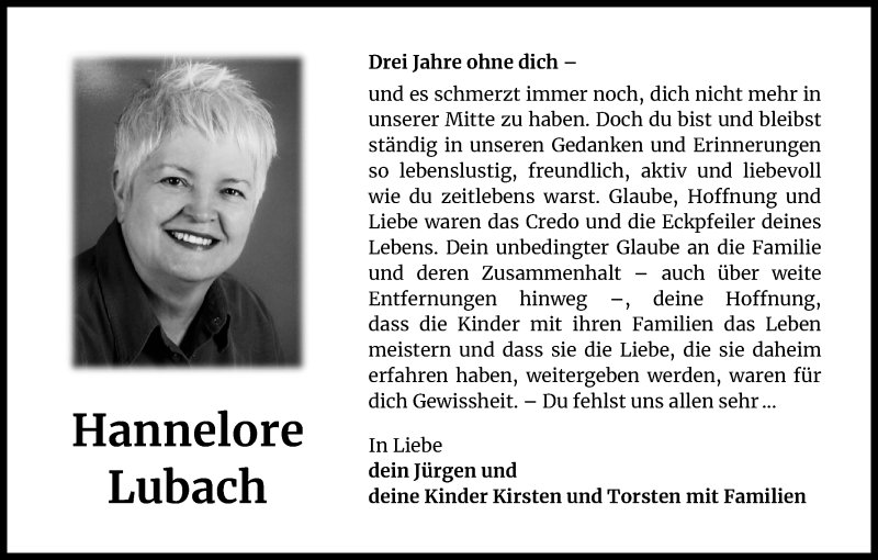  Traueranzeige für Hannelore Lubach vom 25.07.2020 aus Kölner Stadt-Anzeiger / Kölnische Rundschau / Express