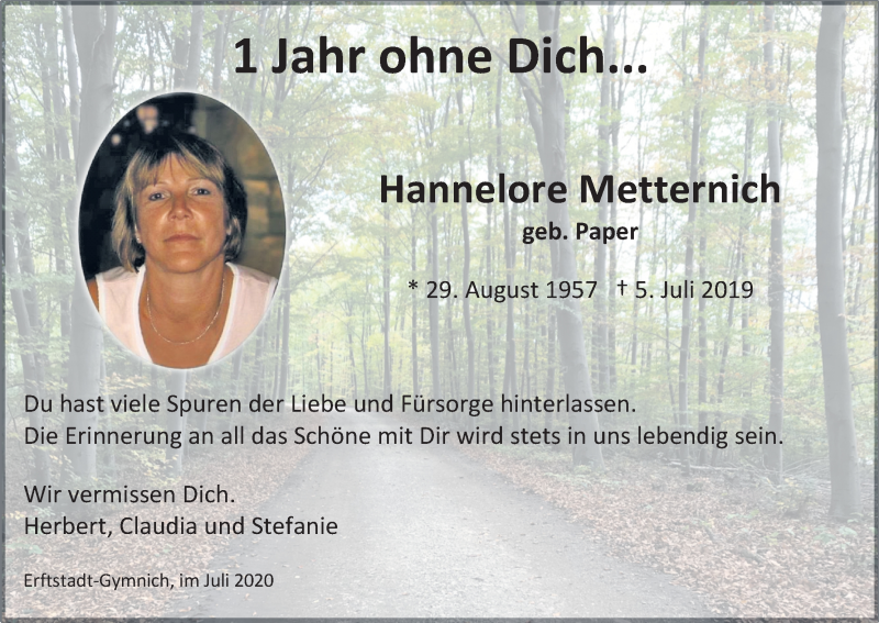  Traueranzeige für Hannelore Metternich vom 04.07.2020 aus Kölner Stadt-Anzeiger / Kölnische Rundschau / Express