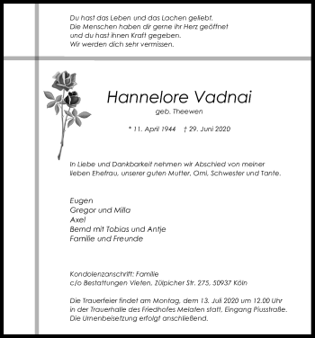 Anzeige von Hannelore Vadnai von Kölner Stadt-Anzeiger / Kölnische Rundschau / Express