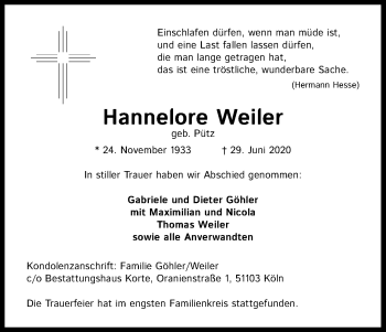 Anzeige von Hannelore Weiler von Kölner Stadt-Anzeiger / Kölnische Rundschau / Express