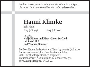 Anzeige von Hanni Klimke von Kölner Stadt-Anzeiger / Kölnische Rundschau / Express