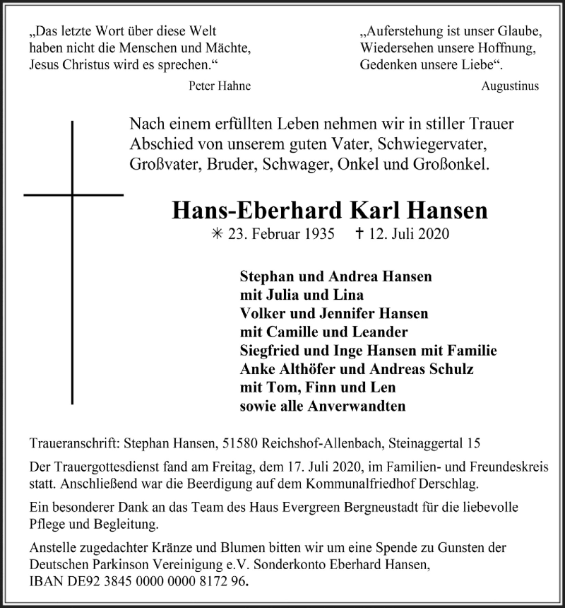  Traueranzeige für Hans-Eberhard Karl Hansen vom 24.07.2020 aus  Anzeigen Echo 