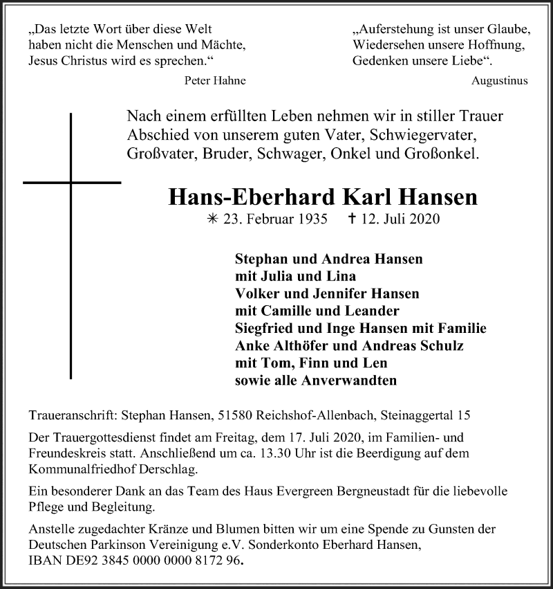  Traueranzeige für Hans-Eberhard Karl Hansen vom 14.07.2020 aus Kölner Stadt-Anzeiger / Kölnische Rundschau / Express