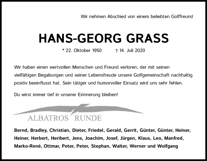  Traueranzeige für Hans-Georg Grass vom 25.07.2020 aus Kölner Stadt-Anzeiger / Kölnische Rundschau / Express