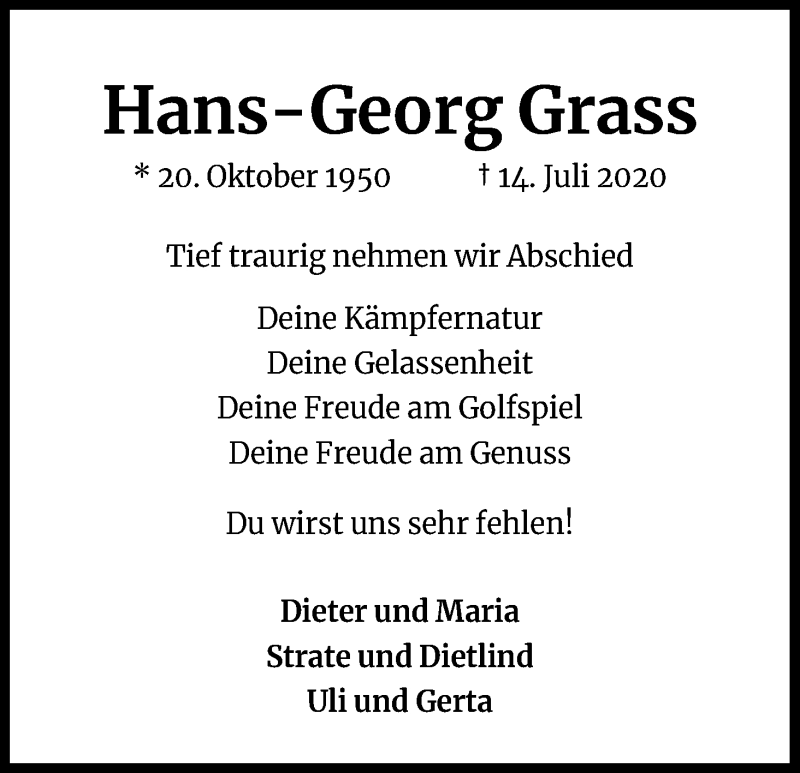  Traueranzeige für Hans-Georg Grass vom 18.07.2020 aus Kölner Stadt-Anzeiger / Kölnische Rundschau / Express