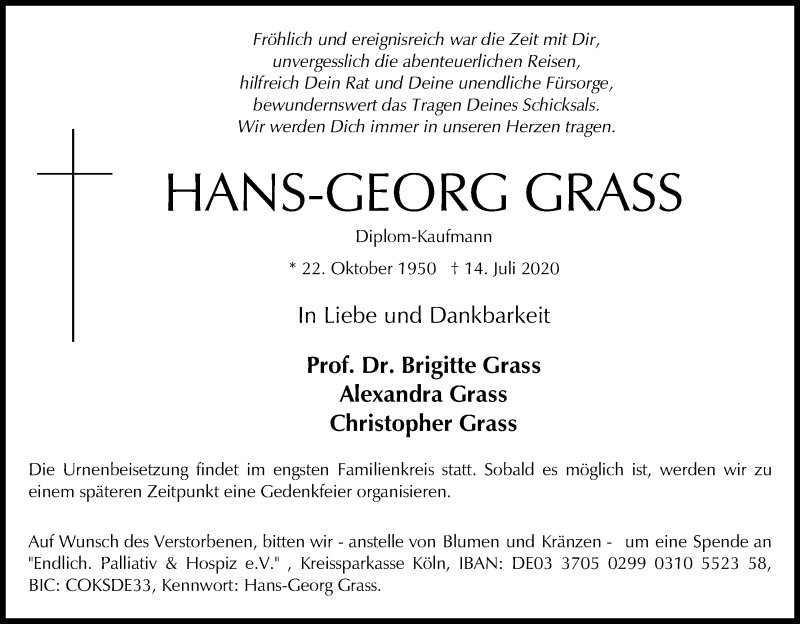  Traueranzeige für Hans-Georg Grass vom 18.07.2020 aus Kölner Stadt-Anzeiger / Kölnische Rundschau / Express
