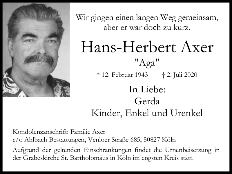  Traueranzeige für Hans-Herbert Axer vom 11.07.2020 aus Kölner Stadt-Anzeiger / Kölnische Rundschau / Express