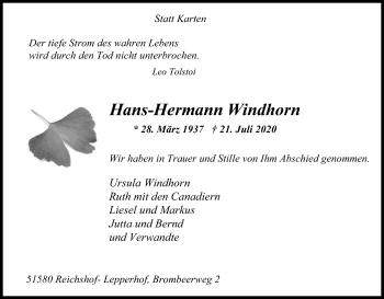 Anzeige von Hans-Hermann Windhorn von Kölner Stadt-Anzeiger / Kölnische Rundschau / Express