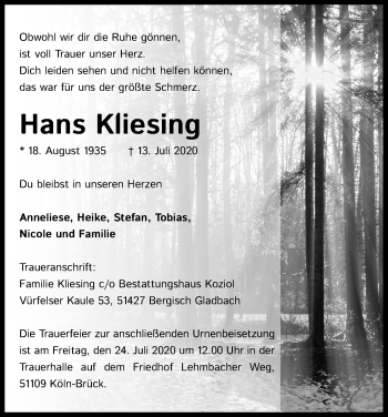 Anzeige von Hans Kliesing von Kölner Stadt-Anzeiger / Kölnische Rundschau / Express