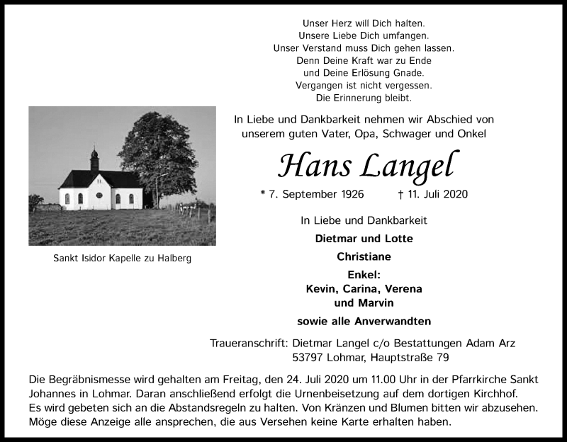  Traueranzeige für Hans Langel vom 18.07.2020 aus Kölner Stadt-Anzeiger / Kölnische Rundschau / Express