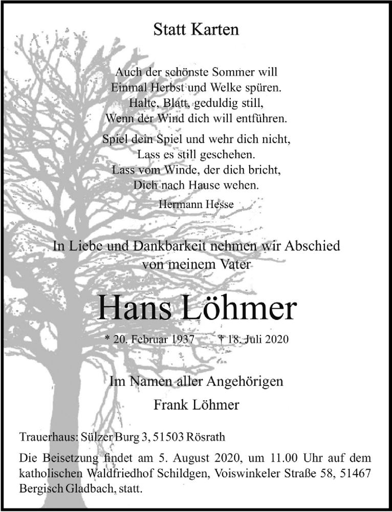  Traueranzeige für Hans Löhmer vom 31.07.2020 aus  Bergisches Handelsblatt 
