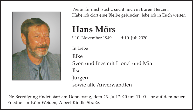  Traueranzeige für Hans Mörs vom 17.07.2020 aus  Wochenende  Kölner Wochenspiegel 