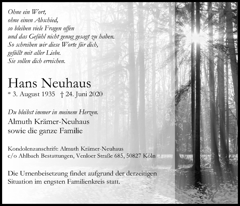  Traueranzeige für Hans Neuhaus vom 25.07.2020 aus Kölner Stadt-Anzeiger / Kölnische Rundschau / Express