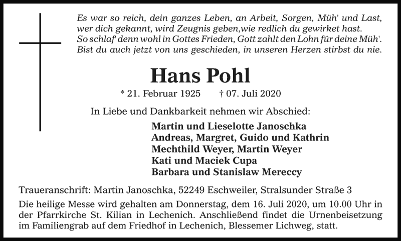  Traueranzeige für Hans Pohl vom 11.07.2020 aus Kölner Stadt-Anzeiger / Kölnische Rundschau / Express