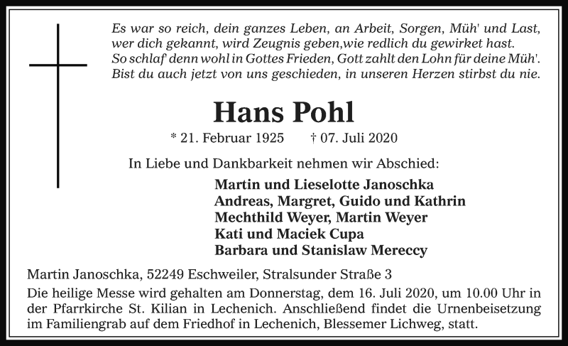  Traueranzeige für Hans Pohl vom 10.07.2020 aus  Werbepost 