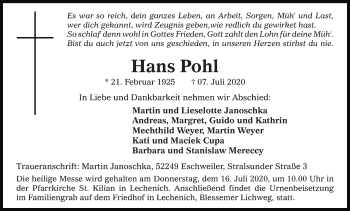 Anzeige von Hans Pohl von Kölner Stadt-Anzeiger / Kölnische Rundschau / Express