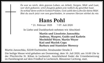 Anzeige von Hans Pohl von  Werbepost 