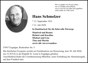 Anzeige von Hans Schme-lzer von  Blickpunkt Euskirchen 