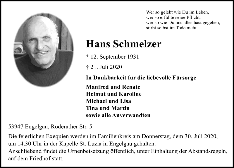  Traueranzeige für Hans Schme-lzer vom 25.07.2020 aus  Blickpunkt Euskirchen 