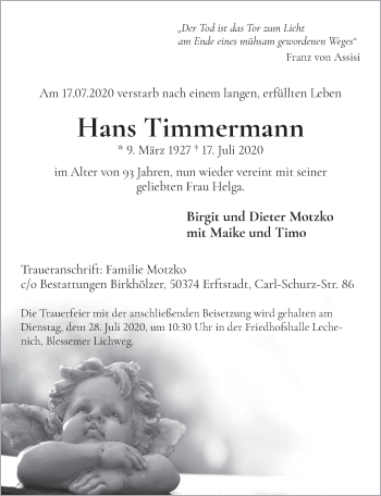 Anzeige von Hans Timmermann von  Werbepost 