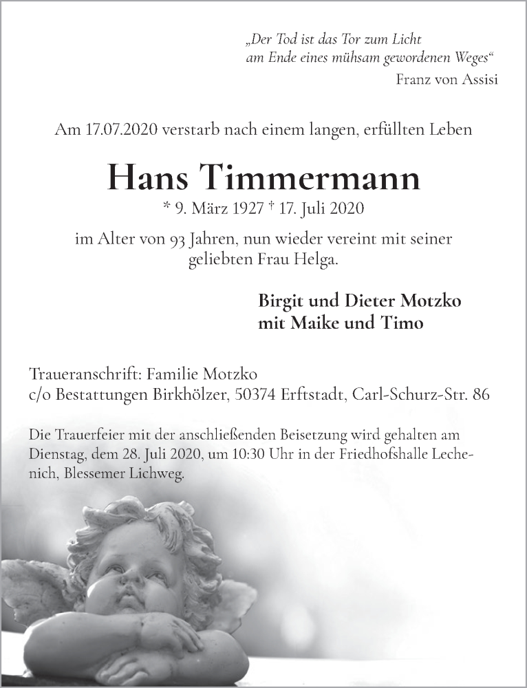  Traueranzeige für Hans Timmermann vom 24.07.2020 aus  Werbepost 