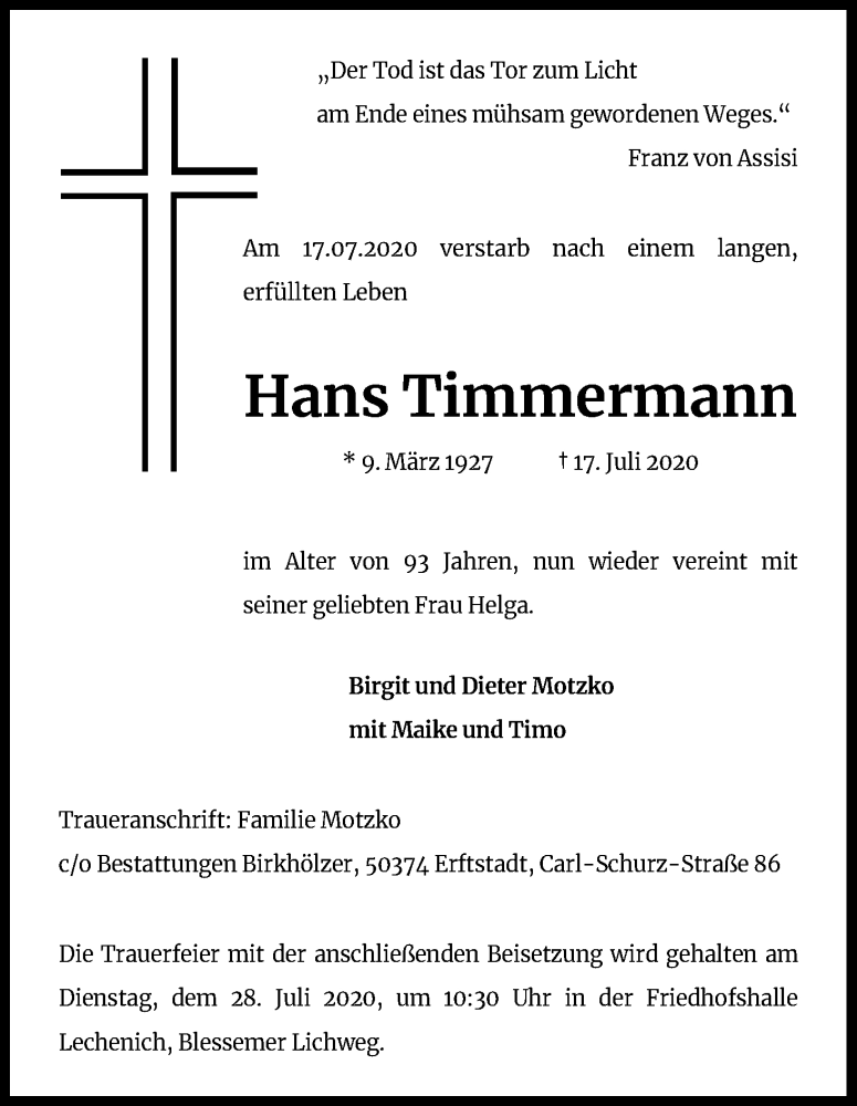  Traueranzeige für Hans Timmermann vom 25.07.2020 aus Kölner Stadt-Anzeiger / Kölnische Rundschau / Express