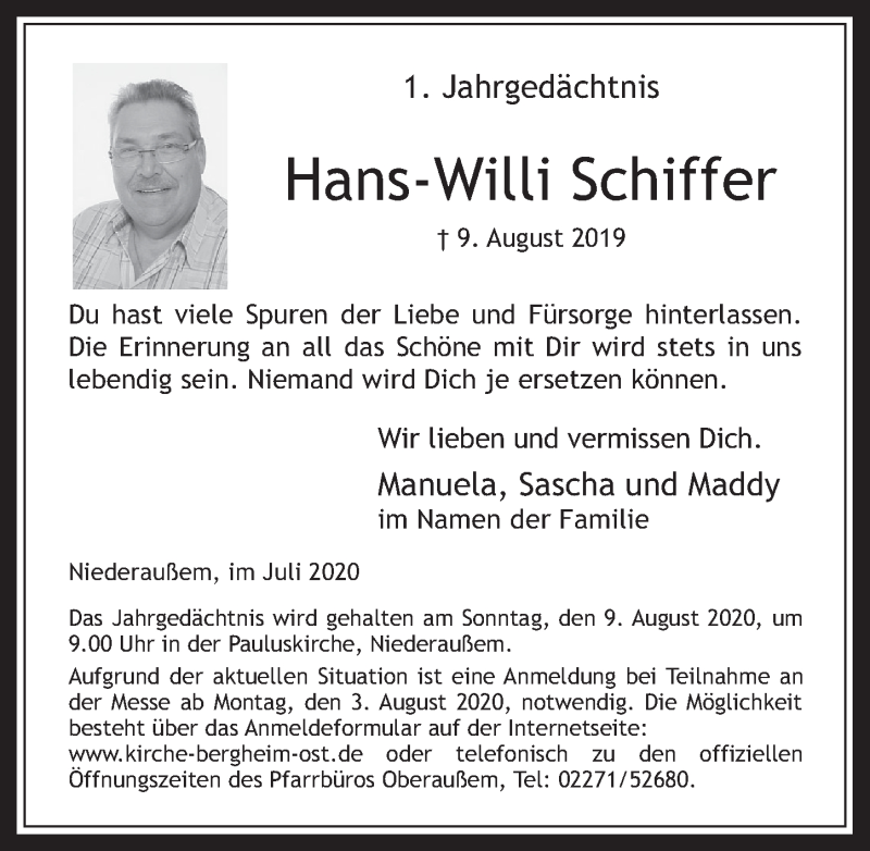  Traueranzeige für Hans-Willi Schiffer vom 31.07.2020 aus  Werbepost 