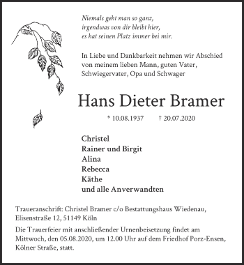 Anzeige von Hans Dieter Bramer von  Kölner Wochenspiegel 
