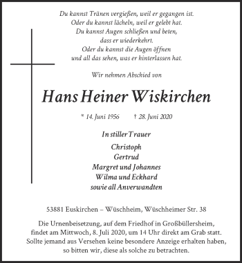 Anzeige von Hans Heiner Wiskirchen von  Blickpunkt Euskirchen 