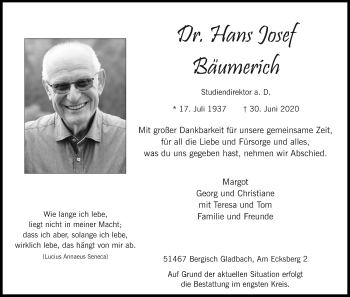Anzeige von Hans Josef Bäumerich von Kölner Stadt-Anzeiger / Kölnische Rundschau / Express