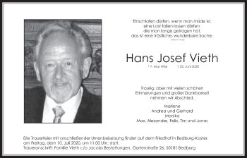 Anzeige von Hans Josef Vieth von  Werbepost 