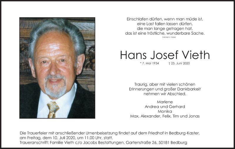  Traueranzeige für Hans Josef Vieth vom 04.07.2020 aus Kölner Stadt-Anzeiger / Kölnische Rundschau / Express