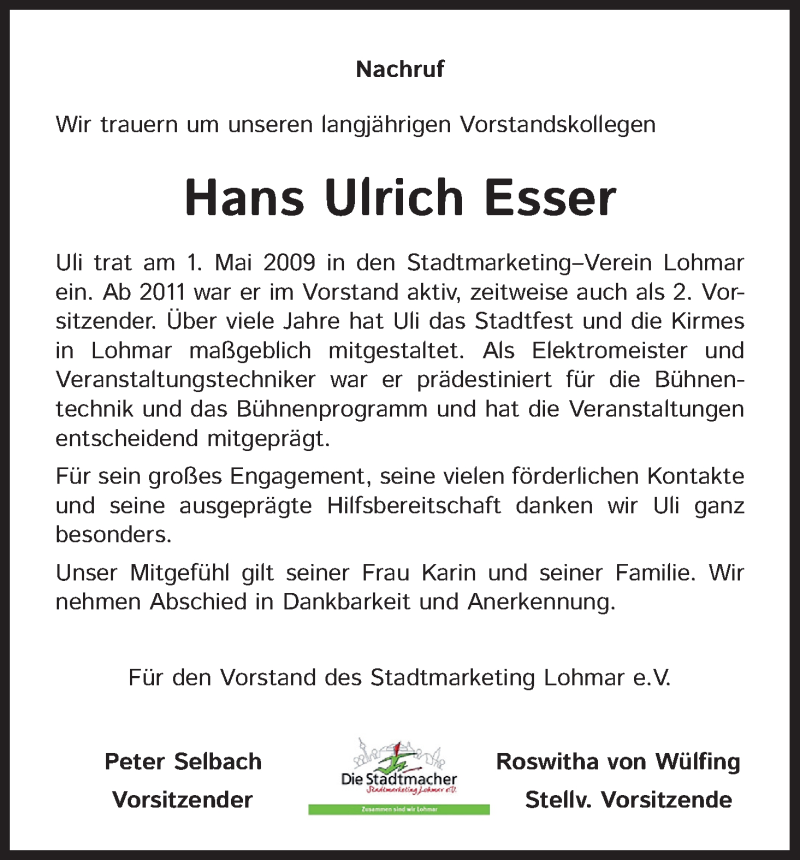  Traueranzeige für Hans Ulrich Esser vom 11.07.2020 aus Kölner Stadt-Anzeiger / Kölnische Rundschau / Express