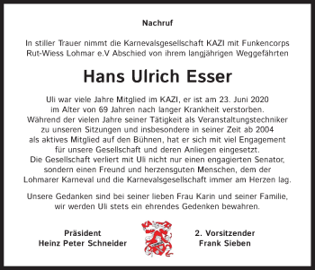 Anzeige von Hans Ulrich Esser von Kölner Stadt-Anzeiger / Kölnische Rundschau / Express