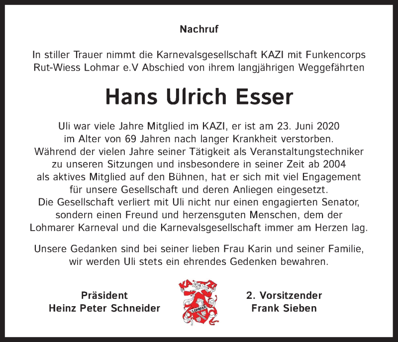  Traueranzeige für Hans Ulrich Esser vom 04.07.2020 aus Kölner Stadt-Anzeiger / Kölnische Rundschau / Express