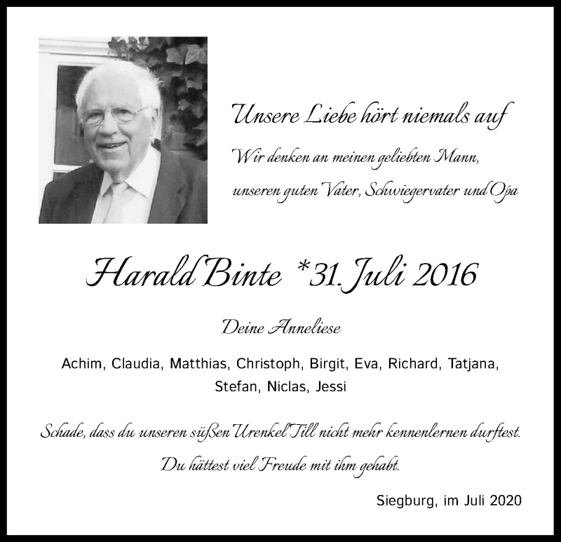  Traueranzeige für Harald Binte vom 31.07.2020 aus Kölner Stadt-Anzeiger / Kölnische Rundschau / Express