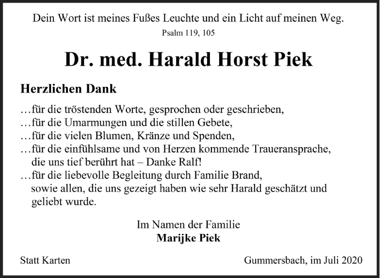  Traueranzeige für Harald Horst Piek vom 10.07.2020 aus  Anzeigen Echo 