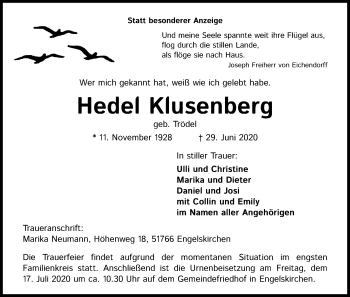 Anzeige von Hedel Klusenberg von Kölner Stadt-Anzeiger / Kölnische Rundschau / Express