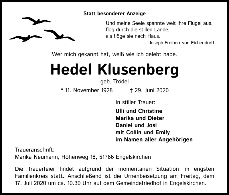  Traueranzeige für Hedel Klusenberg vom 11.07.2020 aus Kölner Stadt-Anzeiger / Kölnische Rundschau / Express